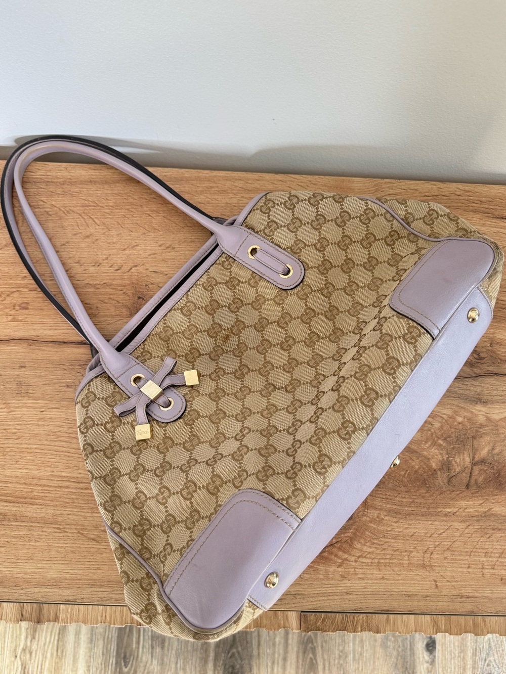 Authentic Gucci GG Monogram Canvas Princy Tote Beige Purple Leather Shoulder Bag - Picture 3 of 16